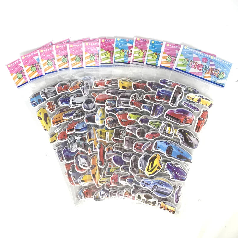 12 Sheets/Set Engineering Vehicle Excavator Cars Cartoon Bubble Sticker for Kids Boys Scrapbooking Cognitive Educational Toys