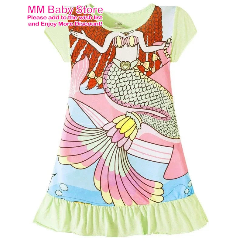 Summer New Cartoon Anna Elsa Printing Sleepwear Snow White Mermaid Girl Nightgowns Children Party Dresses Pajamas For Girls