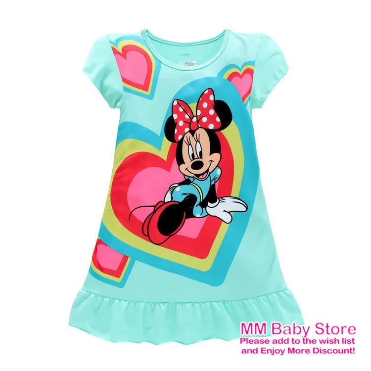 Summer New Cartoon Anna Elsa Printing Sleepwear Snow White Mermaid Girl Nightgowns Children Party Dresses Pajamas For Girls