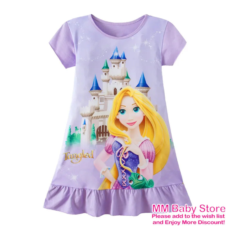 Summer New Cartoon Anna Elsa Printing Sleepwear Snow White Mermaid Girl Nightgowns Children Party Dresses Pajamas For Girls