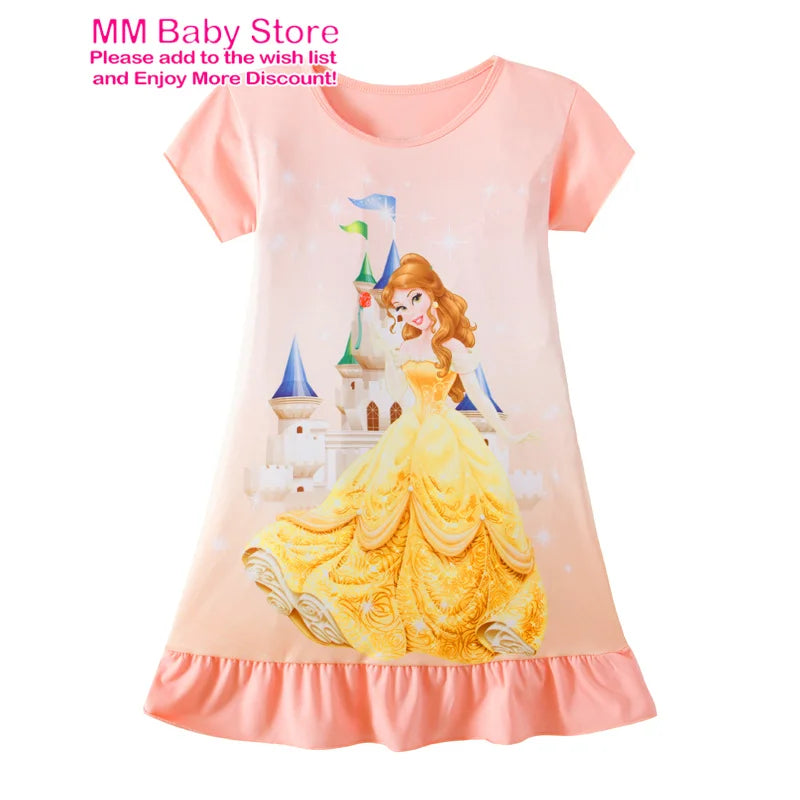 Summer New Cartoon Anna Elsa Printing Sleepwear Snow White Mermaid Girl Nightgowns Children Party Dresses Pajamas For Girls