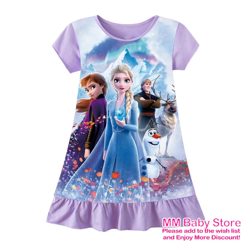 Summer New Cartoon Anna Elsa Printing Sleepwear Snow White Mermaid Girl Nightgowns Children Party Dresses Pajamas For Girls