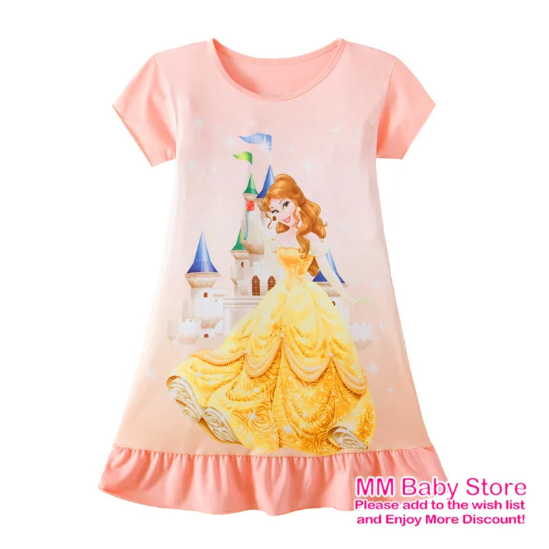 Summer New Cartoon Anna Elsa Printing Sleepwear Snow White Mermaid Girl Nightgowns Children Party Dresses Pajamas For Girls