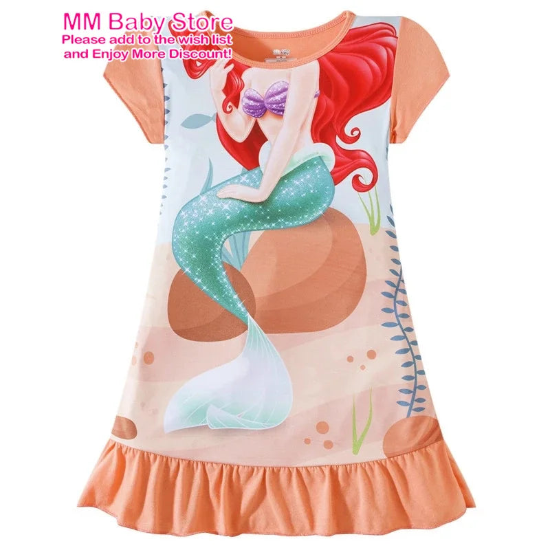 Summer New Cartoon Anna Elsa Printing Sleepwear Snow White Mermaid Girl Nightgowns Children Party Dresses Pajamas For Girls