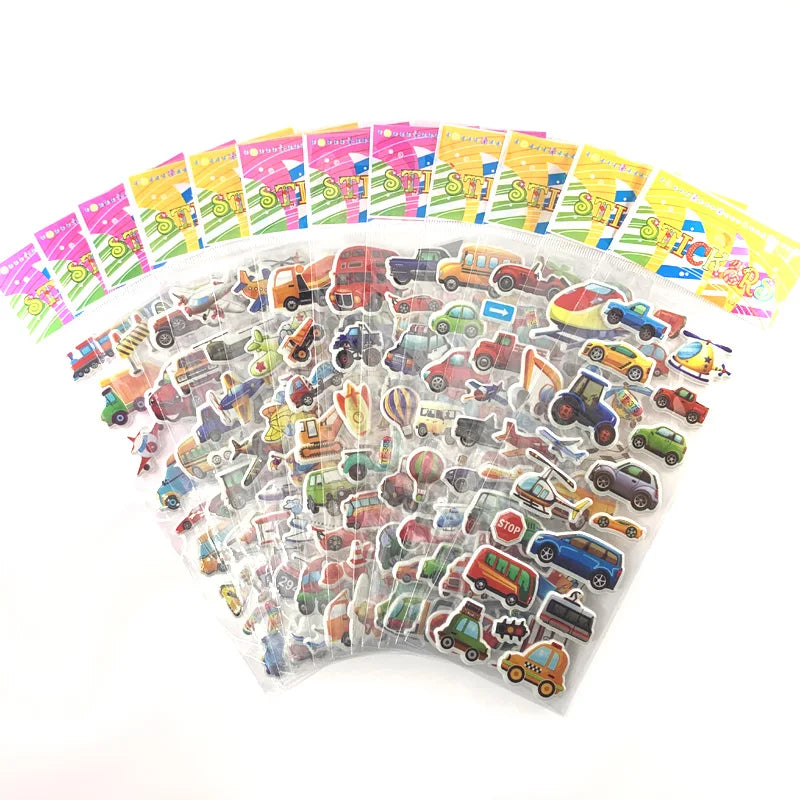 12 Sheets/Set Engineering Vehicle Excavator Cars Cartoon Bubble Sticker for Kids Boys Scrapbooking Cognitive Educational Toys