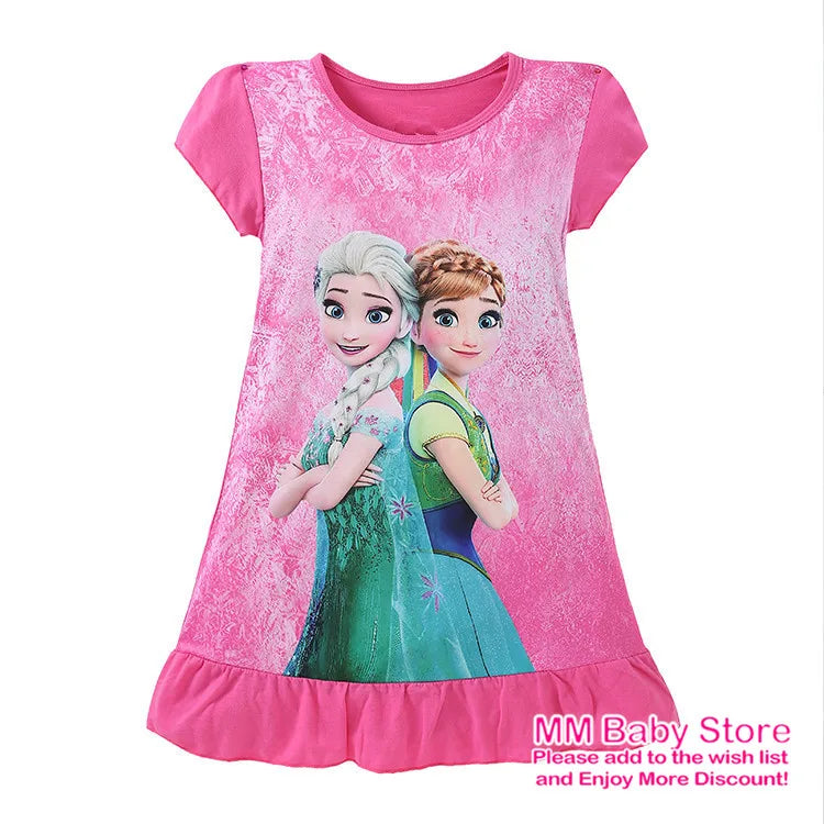 Summer New Cartoon Anna Elsa Printing Sleepwear Snow White Mermaid Girl Nightgowns Children Party Dresses Pajamas For Girls