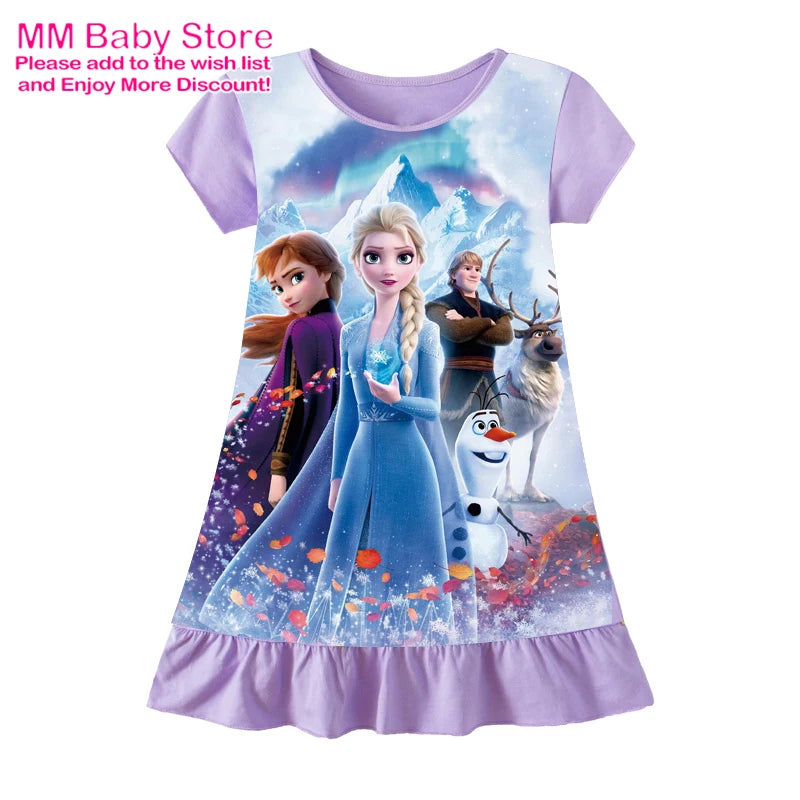 Summer New Cartoon Anna Elsa Printing Sleepwear Snow White Mermaid Girl Nightgowns Children Party Dresses Pajamas For Girls