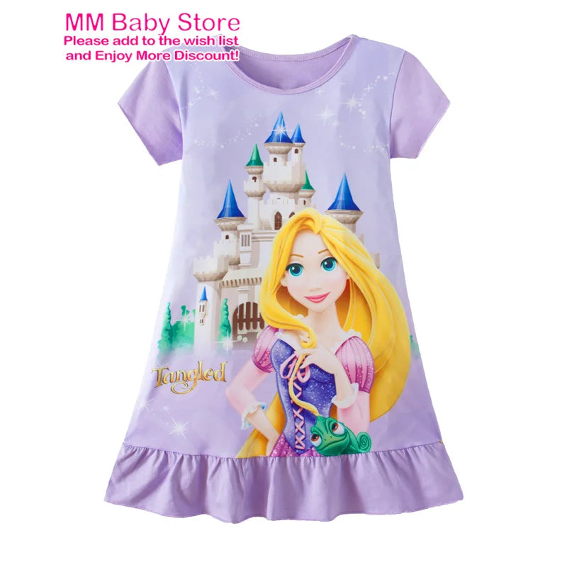 Summer New Cartoon Anna Elsa Printing Sleepwear Snow White Mermaid Girl Nightgowns Children Party Dresses Pajamas For Girls