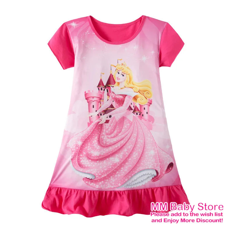 Summer New Cartoon Anna Elsa Printing Sleepwear Snow White Mermaid Girl Nightgowns Children Party Dresses Pajamas For Girls