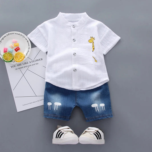 New Summer Hot Sale Toddler Kids Baby Boys Shirt Cartoon Tops Denim Shorts Pants Outfits Set Baby Clothes - ST Superstore