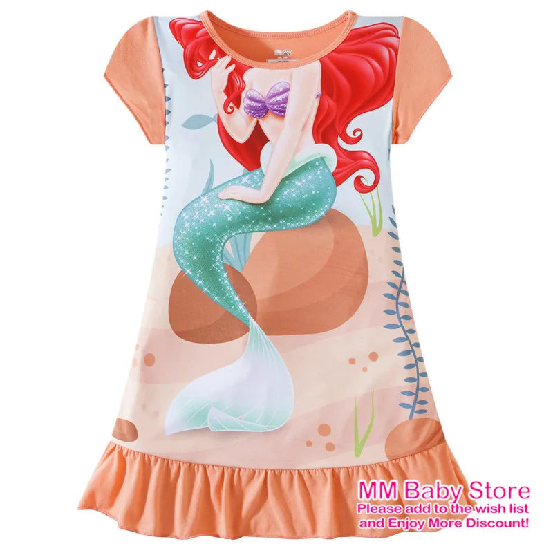 Summer New Cartoon Anna Elsa Printing Sleepwear Snow White Mermaid Girl Nightgowns Children Party Dresses Pajamas For Girls