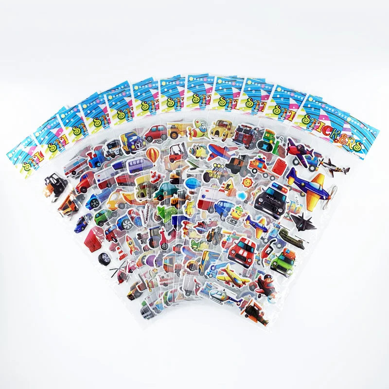 12 Sheets/Set Engineering Vehicle Excavator Cars Cartoon Bubble Sticker for Kids Boys Scrapbooking Cognitive Educational Toys