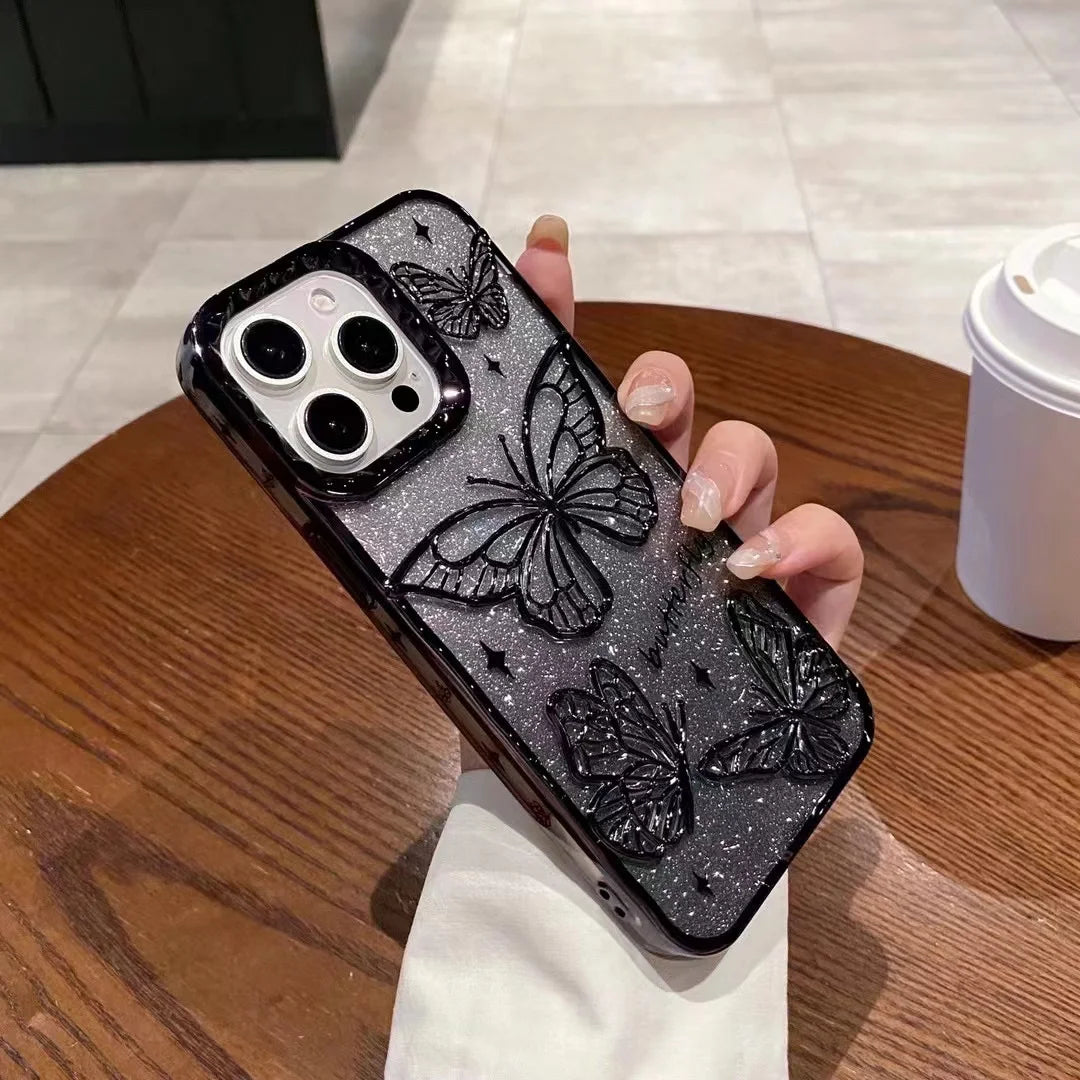 3D Bling Glitter Butterfly Quicksand Gradient Phone Case For iPhone 16 15 14 13 12 11 Pro Max 16 Plus Plating Shockproof Cover