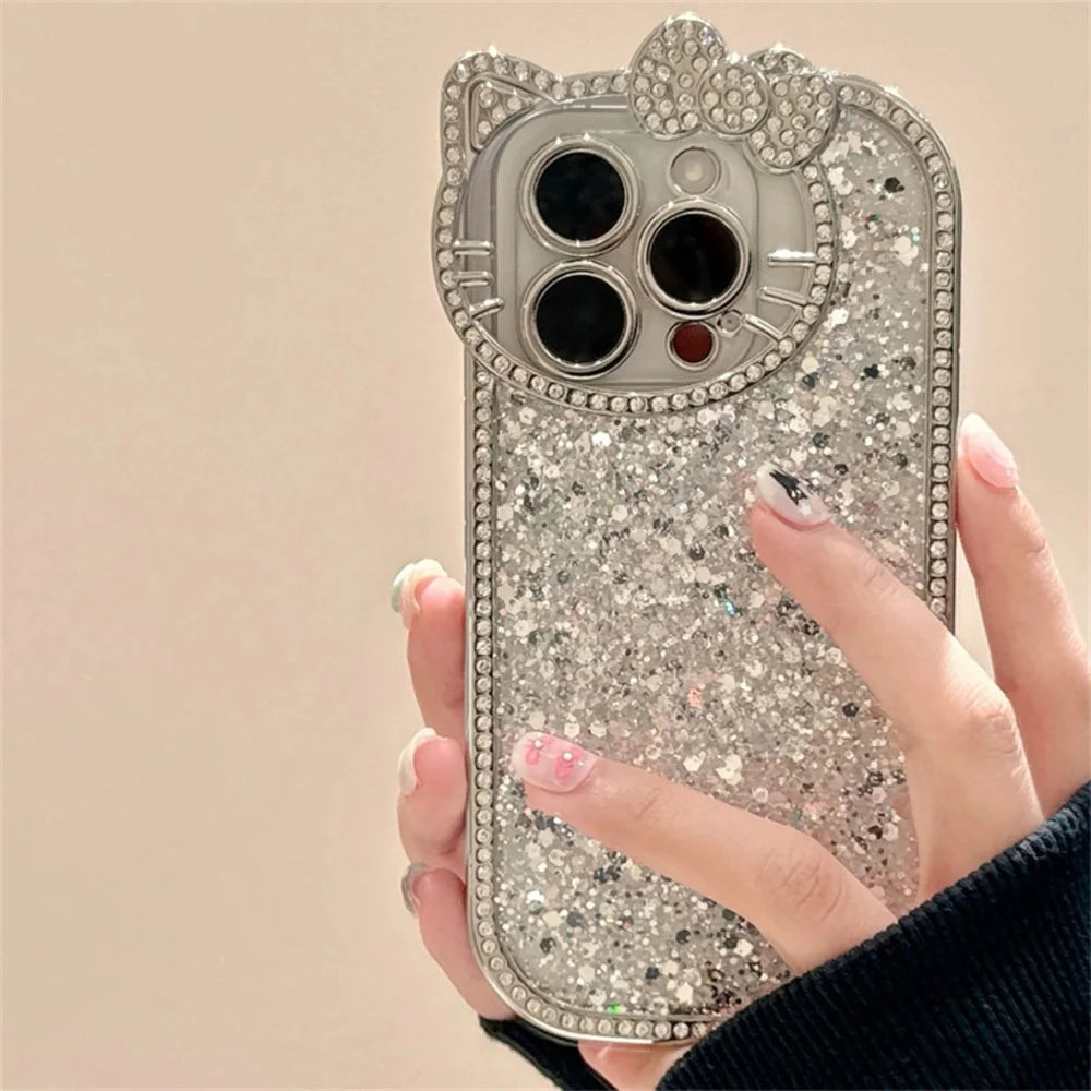 Luxury Sequins 3D Cat Ears Glitter Phone Case for Iphone 16 14 13 12 11 Pro Max 15 Plus Bling Diamond Plating Shockproof Cover