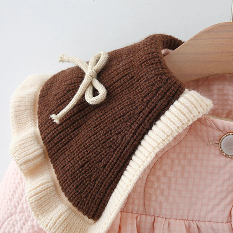 Sweet Bow Baby Girl Long Sleeved Coat From 9 Months To 3 Years Old, Winter New Brown Flower Children'S Clothing