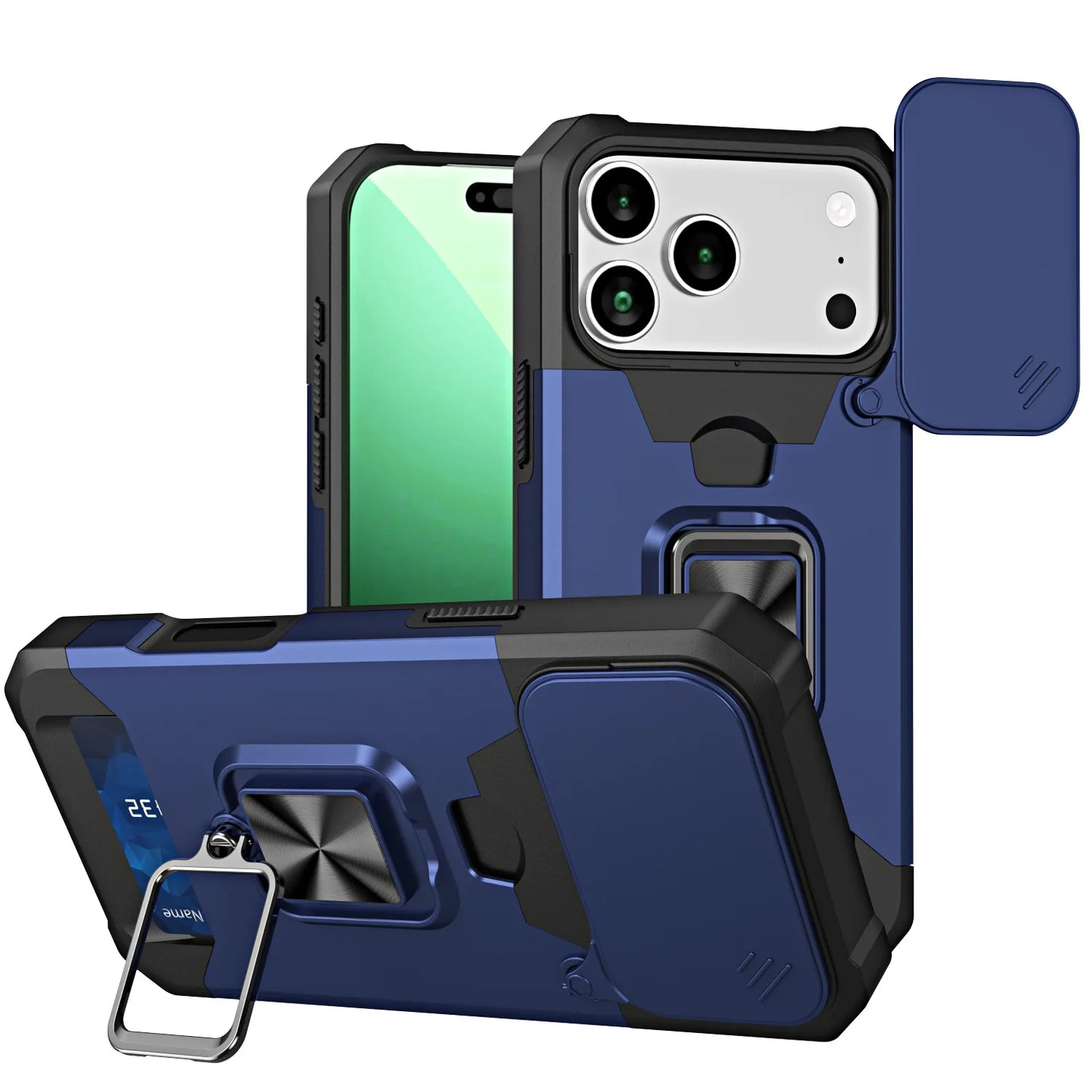 Case For iPhone 17 16 15 14 13 12 11 Pro Max XS Plus Slide Camera Card Holder Slot Duty Wallet Protective With Ring Stand Cover