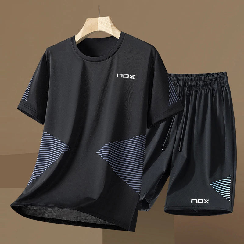 Men Short Sleeve T-Shirt +Shorts Two Piece Suit Outdoor Tennis Sportswear Fashion Breathable Fitness Clothing Summer Run Outfit