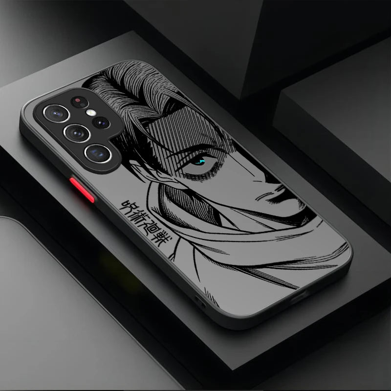 A black phone case featuring a detailed black and white anime-style illustration of a male character's face, shown on a dark gray smartphone. The case has a red accent ring near the camera cutout and is displayed on a dark, geometric background.