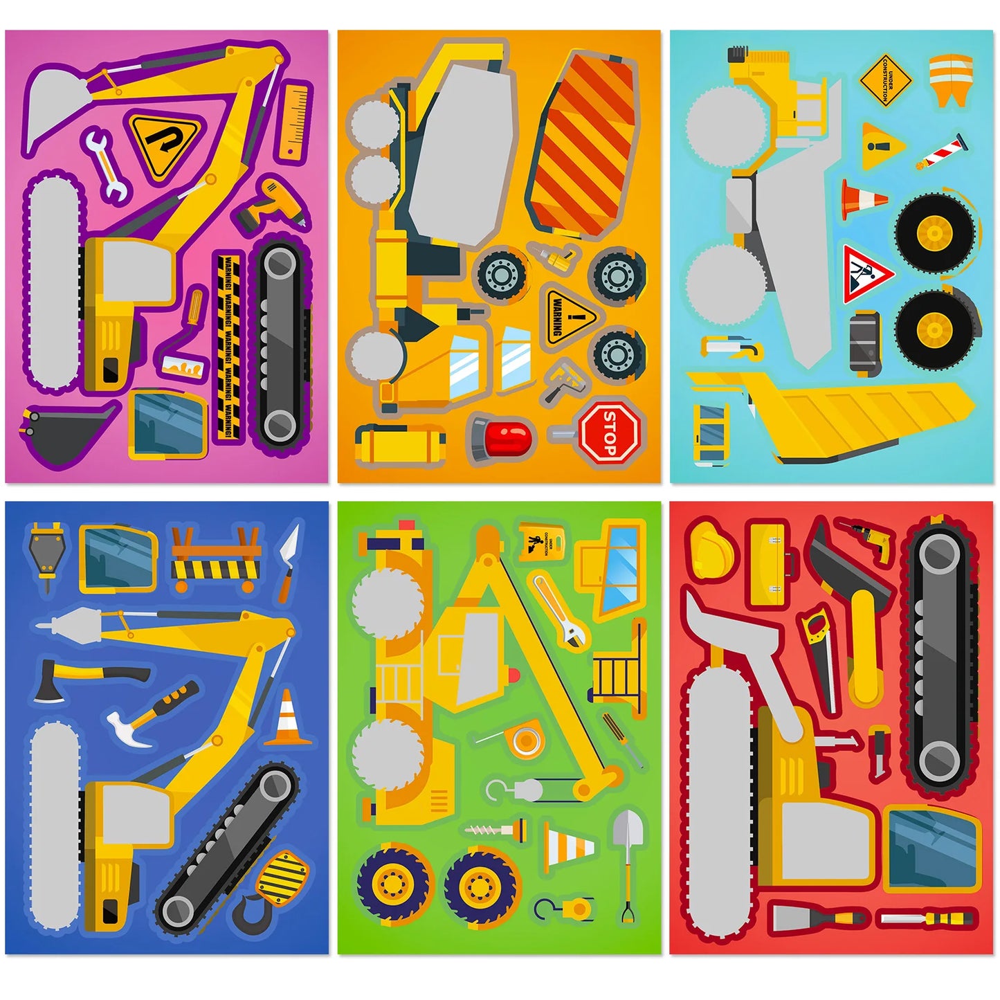 6Sheets Children DIY Puzzle Sticker Games 6 Engineering Truck Make A Face Funny Assemble Jigsaw Stickers Kids Educational Toys