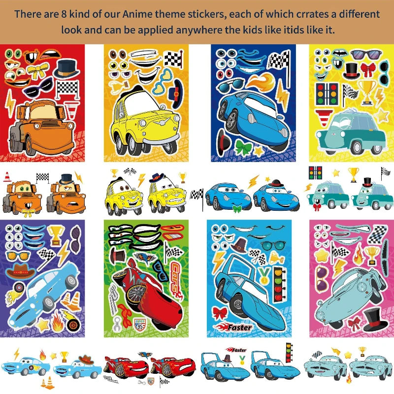 16Sheets Cars Lightning Mcqueen Make Your Own Face DIY Puzzle Stickers Party Favors Kids Toys Birthday Gifts