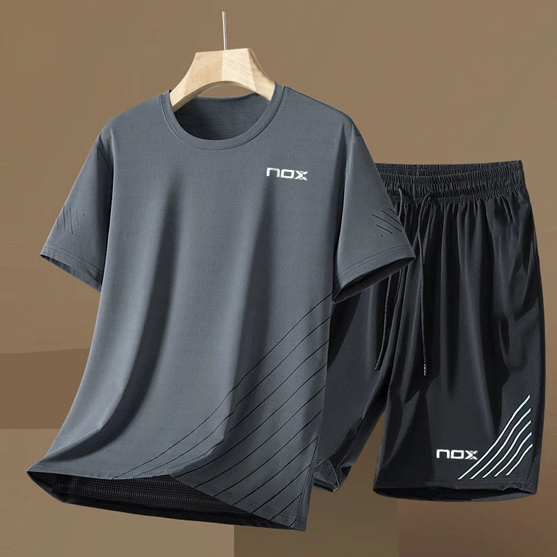 Men Short Sleeve T-Shirt +Shorts Two Piece Suit Outdoor Tennis Sportswear Fashion Breathable Fitness Clothing Summer Run Outfit