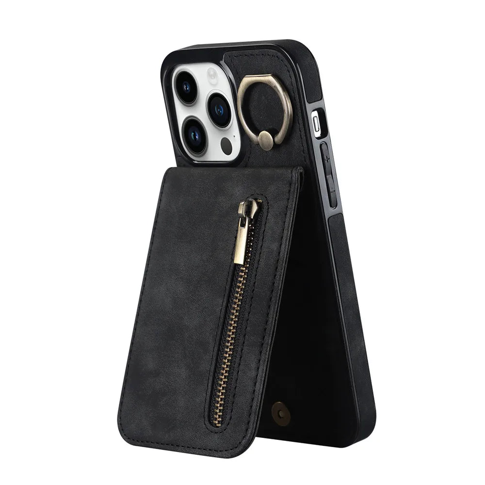 Zipper Cards Holder Leather Wallet Phone Case For iPhone 14 15 16 Pro Max 12 11 13 XS X XR 8 7 Plus Anti-drop Kickstand Cover