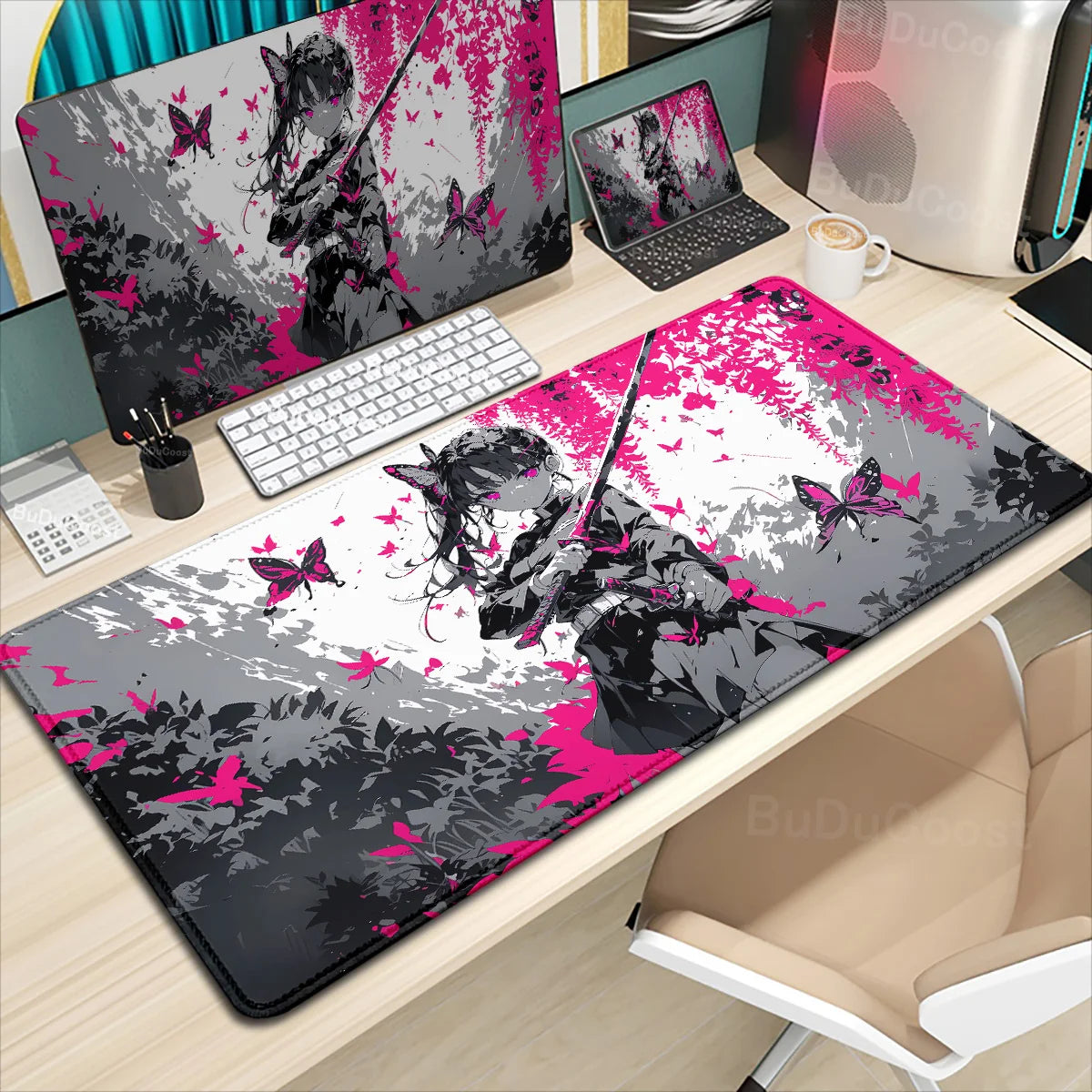 XXL Anime Demon Slayer Kochou Shinobu Mousepad Computer Gamer Lock Edge Table Pad Large Keyboard Mouse Pad Natural Rubber Carpet