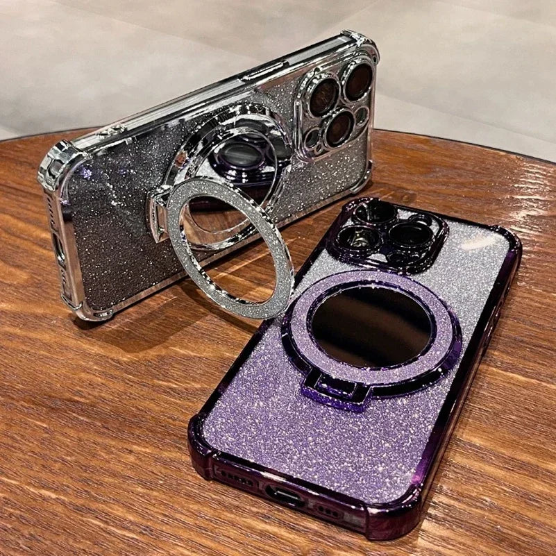 Luxury Magsafe Wireless Charging Glitter Phone Case For iPhone 16 11 12 13 14 15Pro Max Plus Plating Mirror Airbag Bracket Cover
