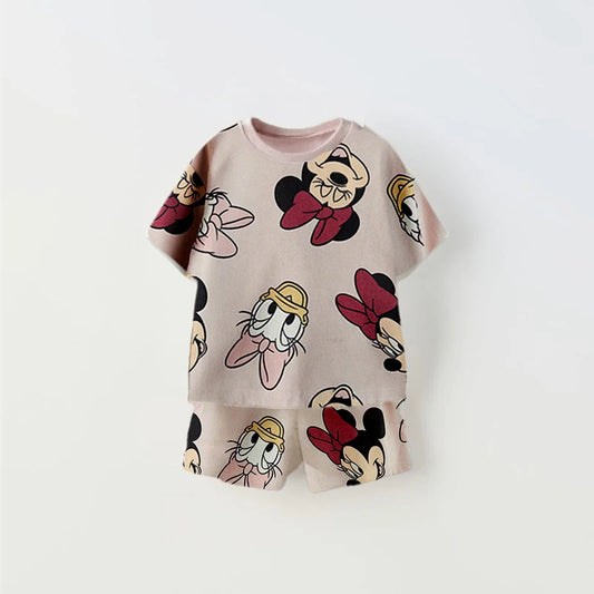 Girls 2025 Summer Outfits Minnie Full Print Tshirt Shorts Casual Sports Loose Clothes Baby Cute Fashion Wear Pink Tracksuits