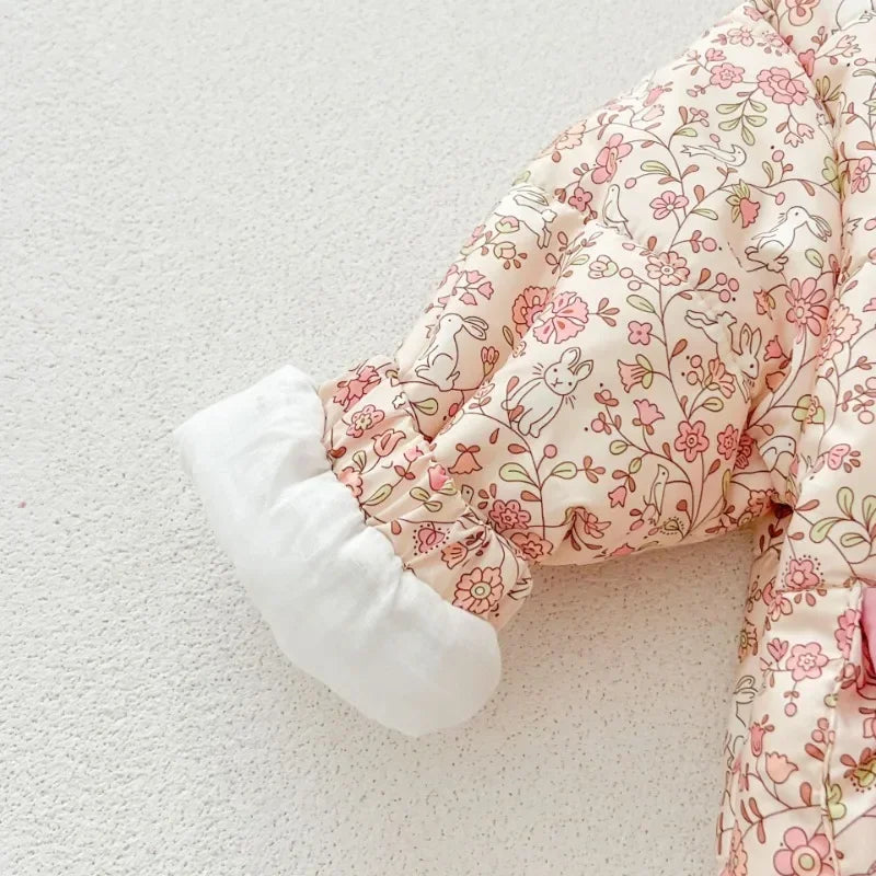 Baby Girls Cotton-padded Jacket Coat 2024 Winter New Plus Velvet Infant Bowtie Coats Kids Fashion Floral Warm Hooded Outerwears