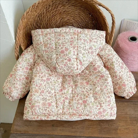 Baby Girls Cotton-padded Jacket Coat 2024 Winter New Plus Velvet Infant Bowtie Coats Kids Fashion Floral Warm Hooded Outerwears