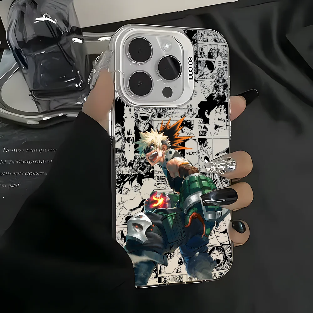 Anime K-Katsuki Bakugo Phone Case For iPhone 16 15 14 13 12 11 Pro Max Black Matte Multicolor Laser Metallic Aurora Cover