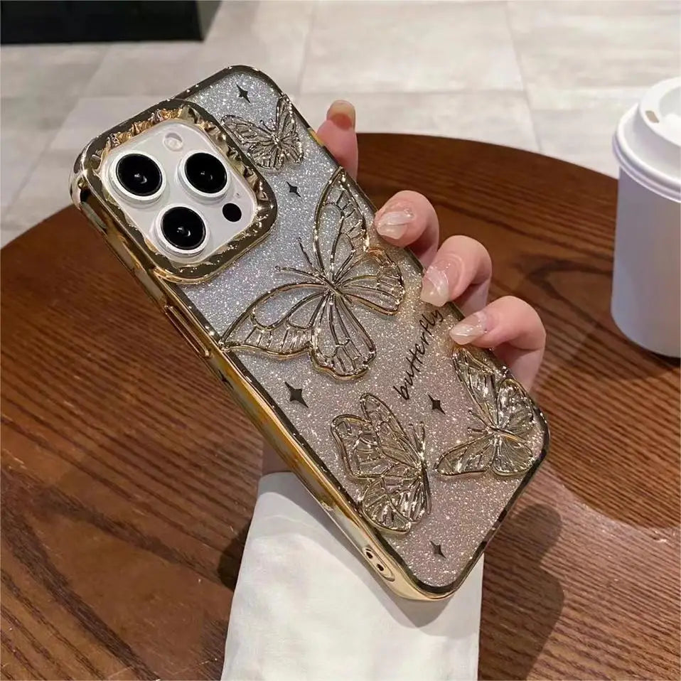 3D Bling Glitter Butterfly Quicksand Gradient Phone Case For iPhone 16 15 14 13 12 11 Pro Max 16 Plus Plating Shockproof Cover