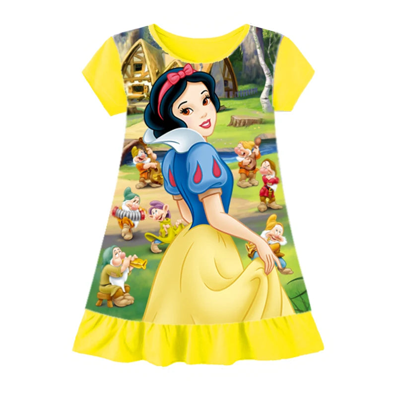 Summer New Cartoon Anna Elsa Printing Sleepwear Snow White Mermaid Girl Nightgowns Children Party Dresses Pajamas For Girls