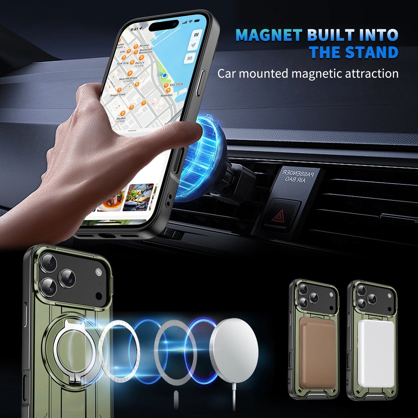 360° Rotate Stand Magnetic Phone Case for IPhone 17 Air 16e 16 15 14 13 12 11 Pro Max Plus Magsafe Wireless Charge Armor Cover