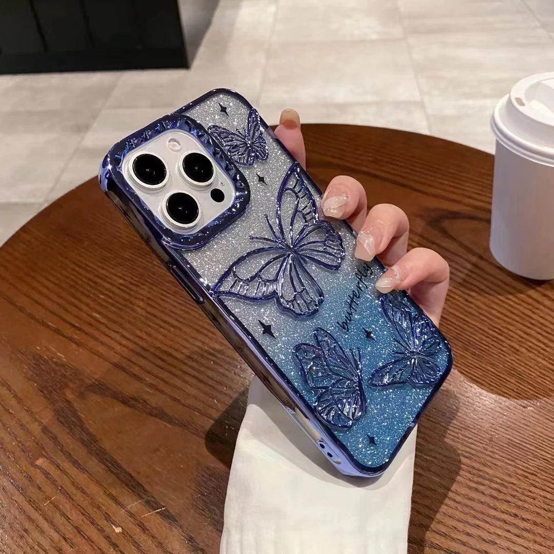 3D Bling Glitter Butterfly Quicksand Gradient Phone Case For iPhone 16 15 14 13 12 11 Pro Max 16 Plus Plating Shockproof Cover