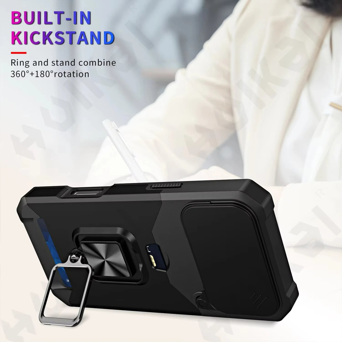 Case For iPhone 17 16 15 14 13 12 11 Pro Max XS Plus Slide Camera Card Holder Slot Duty Wallet Protective With Ring Stand Cover