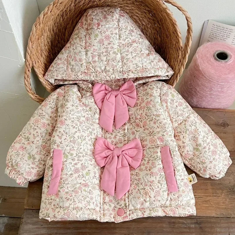 Baby Girls Cotton-padded Jacket Coat 2024 Winter New Plus Velvet Infant Bowtie Coats Kids Fashion Floral Warm Hooded Outerwears