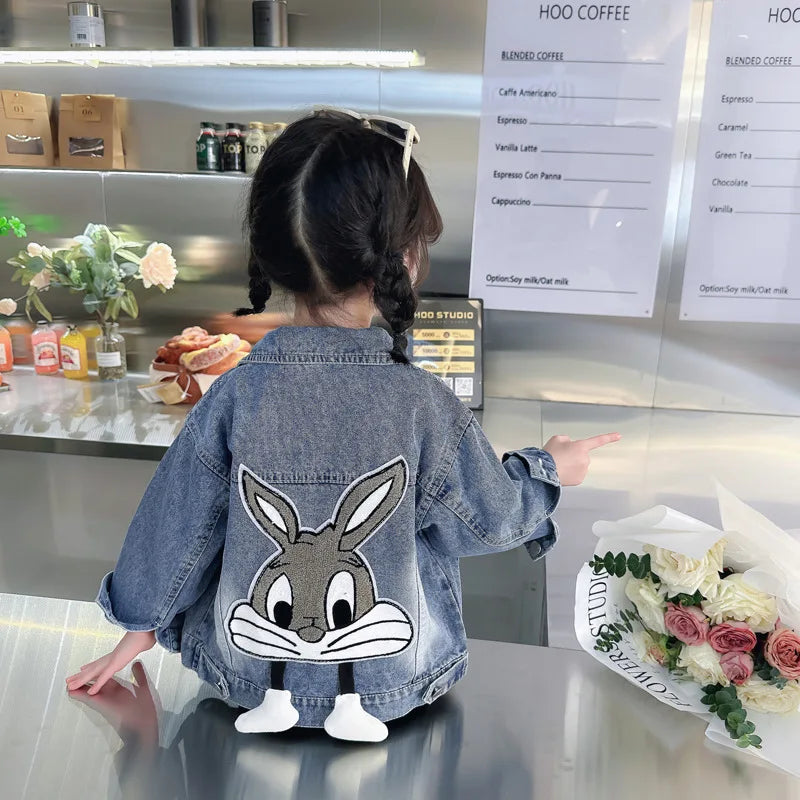 2-7 Years Girls Denim Jackets New Fashion Kids Embroidery Cartoon Rabbit Coat Autumn Children Outerwear Casual Girls Clothes