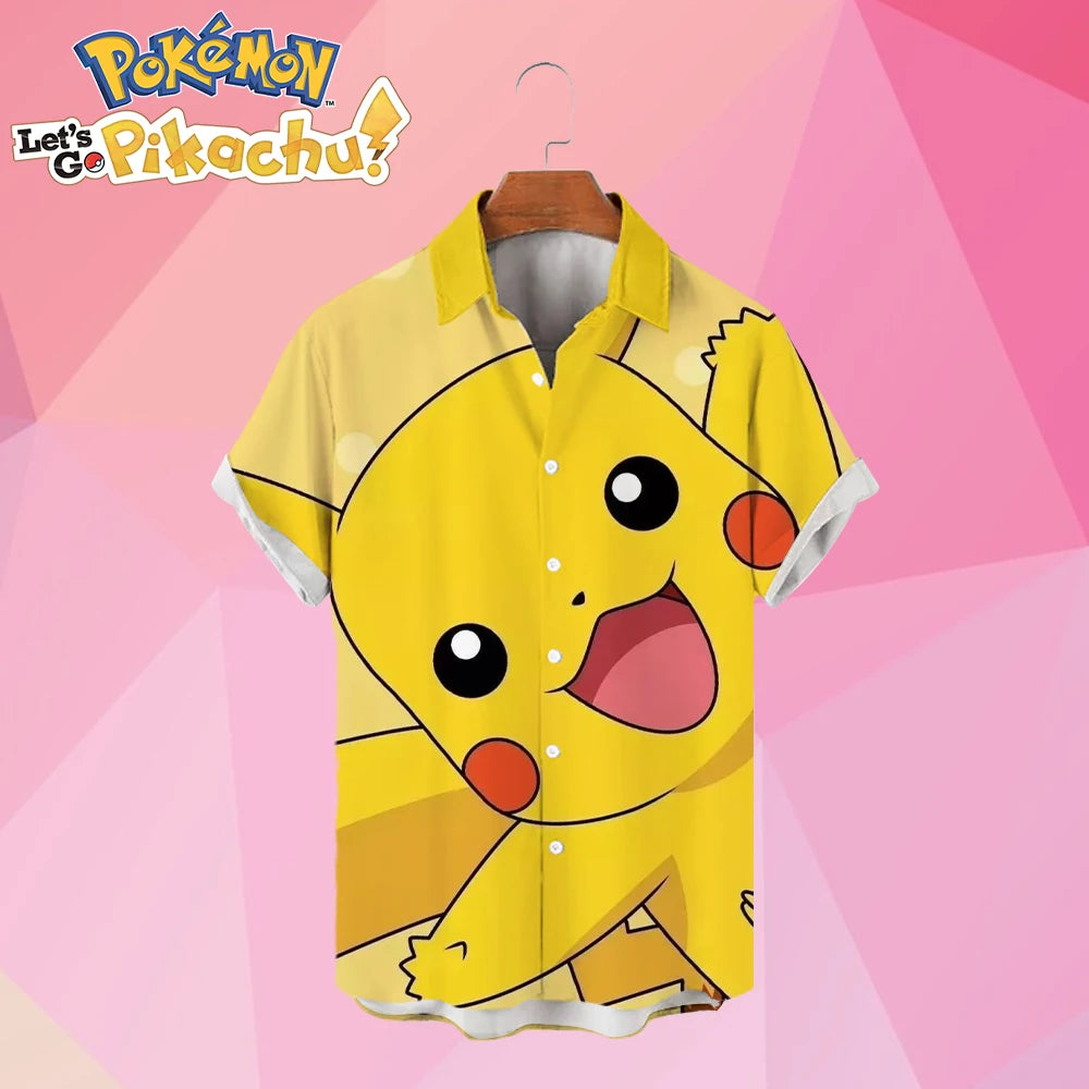 Pikachu Men's Shirt Short Sleeve Cute HD Printed Street Wear Hawaiian Casual 2024 Harajuku Children's Anime Cartoon