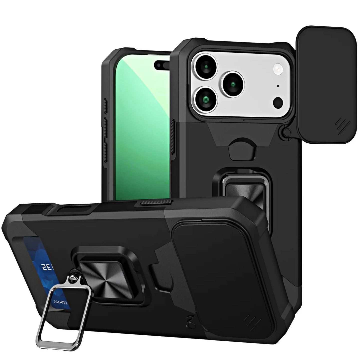 Case For iPhone 17 16 15 14 13 12 11 Pro Max XS Plus Slide Camera Card Holder Slot Duty Wallet Protective With Ring Stand Cover