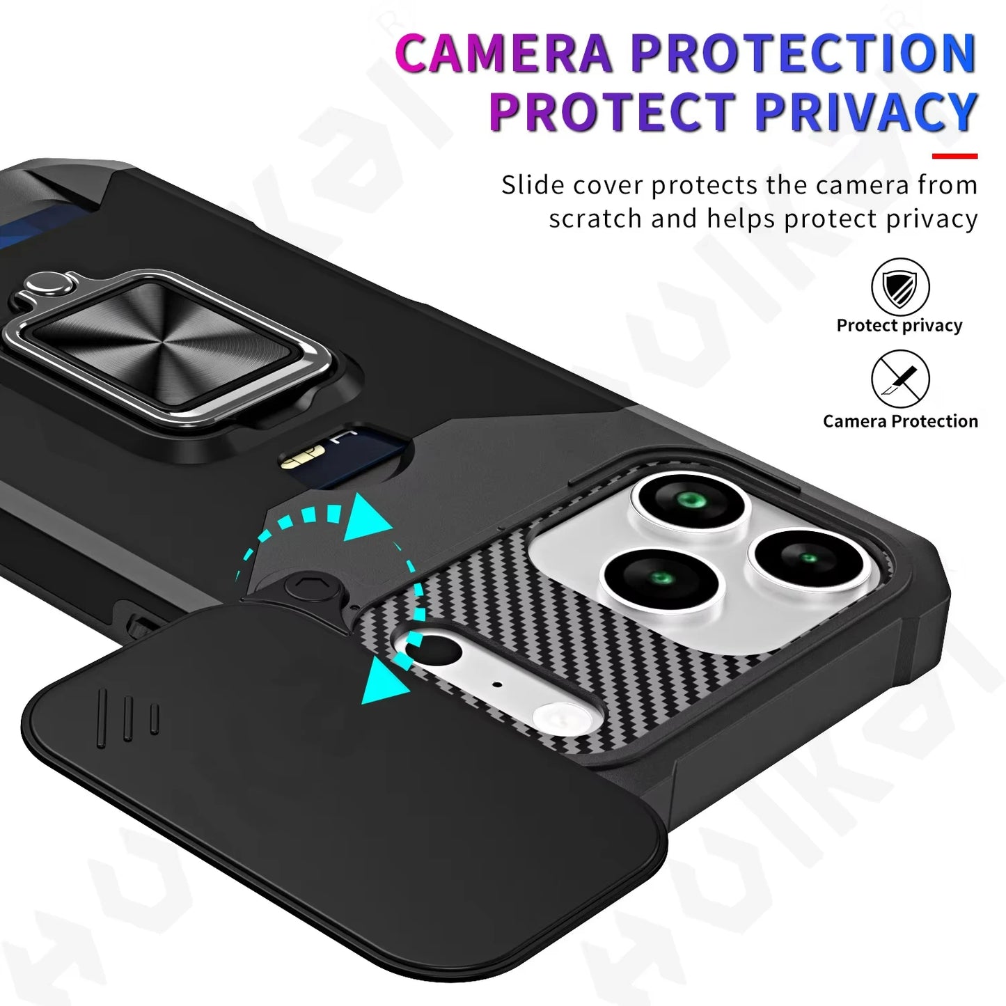 Case For iPhone 17 16 15 14 13 12 11 Pro Max XS Plus Slide Camera Card Holder Slot Duty Wallet Protective With Ring Stand Cover