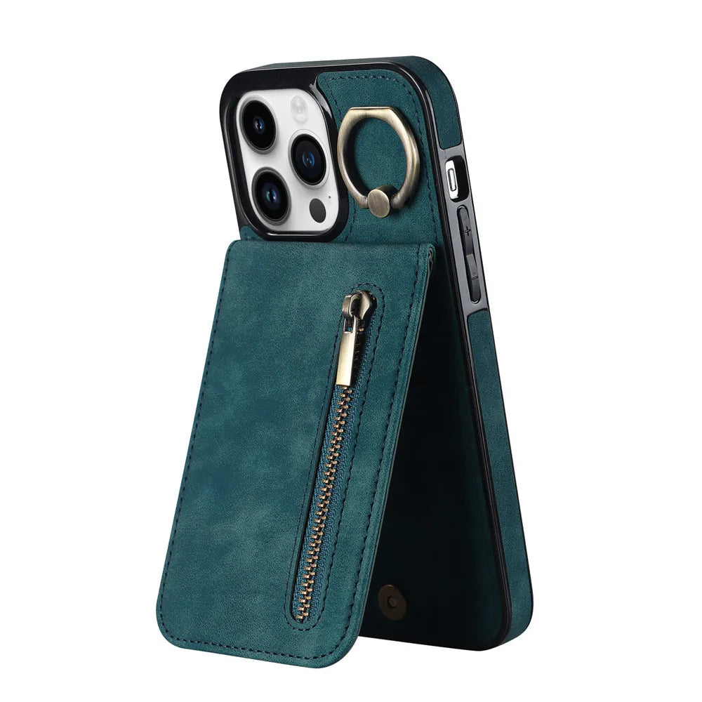 Zipper Cards Holder Leather Wallet Phone Case For iPhone 14 15 16 Pro Max 12 11 13 XS X XR 8 7 Plus Anti-drop Kickstand Cover
