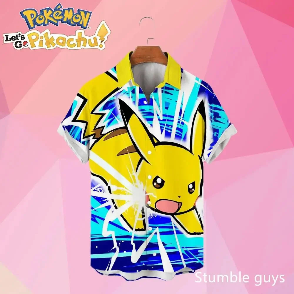 Pokemon Pikachu Hawaiian Men's Shirts 3D Printed Men's Summer Beach Oversize Anime Short-sleeved T-shirt