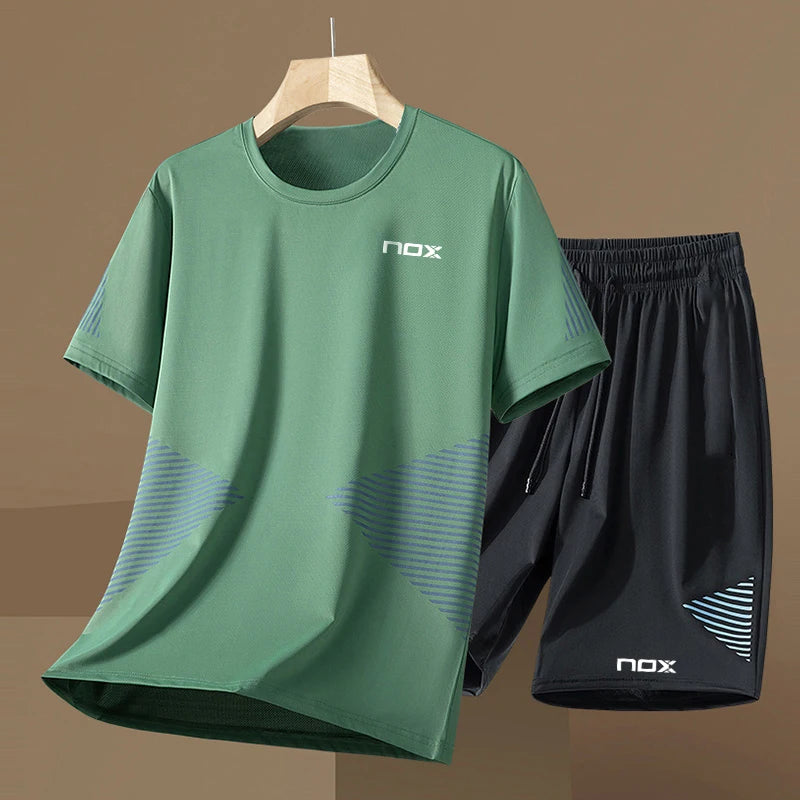 Men Short Sleeve T-Shirt +Shorts Two Piece Suit Outdoor Tennis Sportswear Fashion Breathable Fitness Clothing Summer Run Outfit