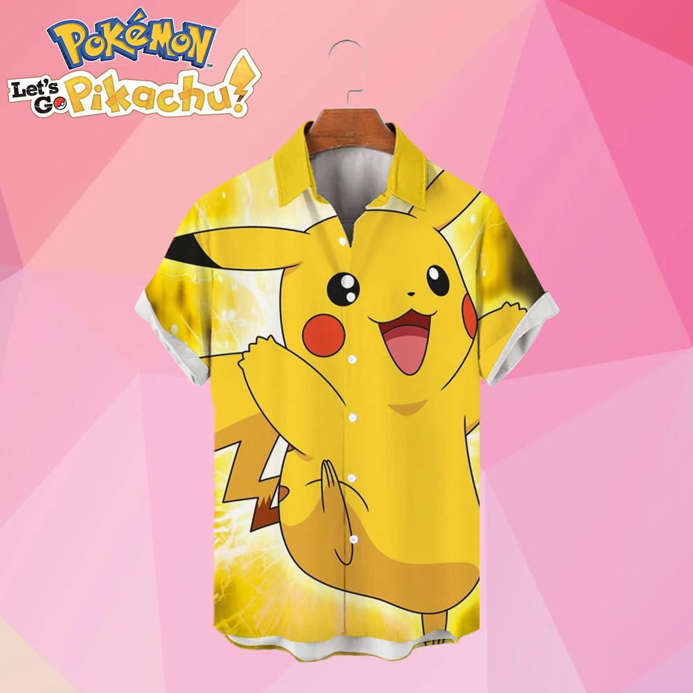 Pikachu Men's Shirt Short Sleeve Cute HD Printed Street Wear Hawaiian Casual 2024 Harajuku Children's Anime Cartoon