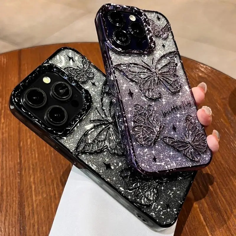 3D Bling Glitter Butterfly Quicksand Gradient Phone Case For iPhone 16 15 14 13 12 11 Pro Max 16 Plus Plating Shockproof Cover
