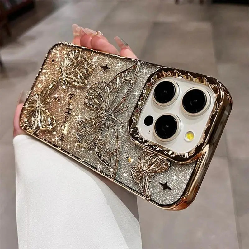 3D Bling Glitter Butterfly Quicksand Gradient Phone Case For iPhone 16 15 14 13 12 11 Pro Max 16 Plus Plating Shockproof Cover