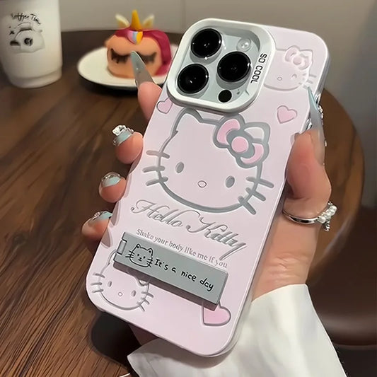 Luxury Pink HelloKitty With Bracket Phone Case For iPhone 17 16 15 14 13 12 11 ProMax XR XS 8 Plus Soft Anti Drop Silicone Cover