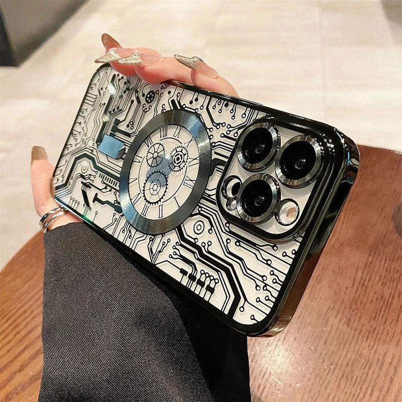 Luxury Magsafe Mechanical Gear Transparent Case For iPhone 16 Pro Max 15 14 13 12 11 Plus Soft Wireless Charging Magnetic Cover